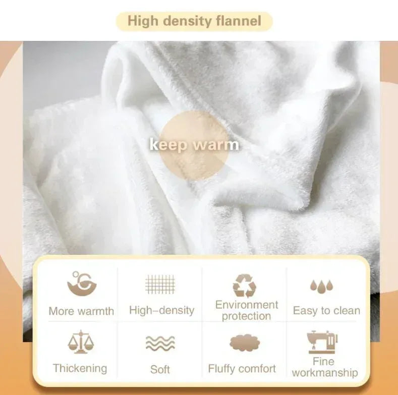 White high-density flannel plush blanket with soft warm texture and care icons