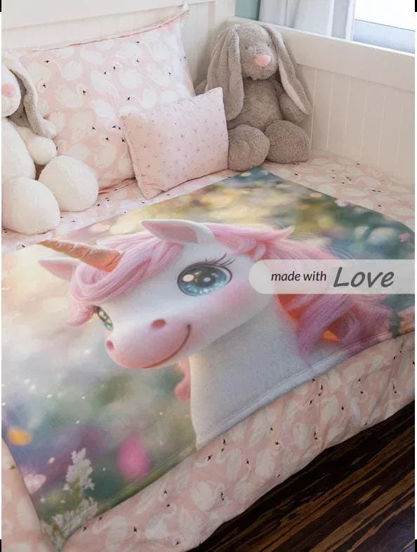 Personalized Unicorn & Kitty Plush Blanket, Custom Name Soft Flannel Fleece Throw - Dream Dragons