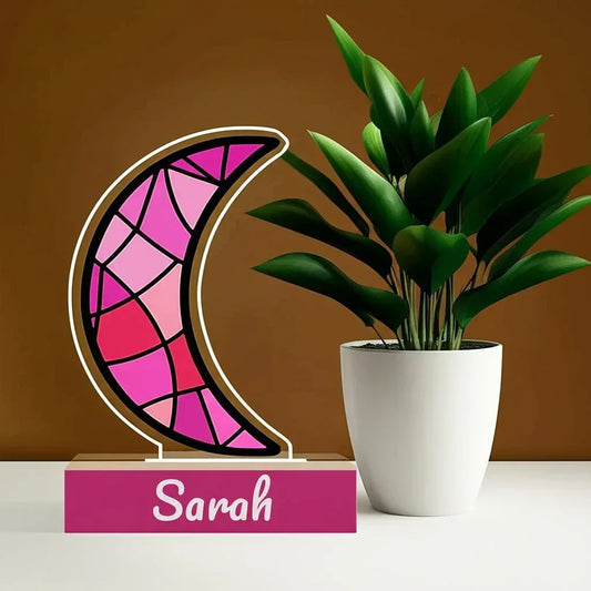 Personalized Pink Stained Glass Crescent Moon Night Light - Wooden Base - Dream Dragons