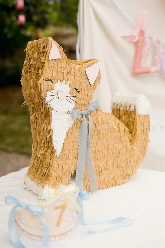 Kitty piñata candy holder, straw-like texture, white cat face with small bow