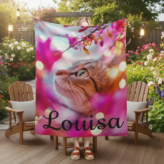 Personalized Cat Fleece Blanket: Pink Floral Kitty Design, Soft Custom Name Gift - Dream Dragons