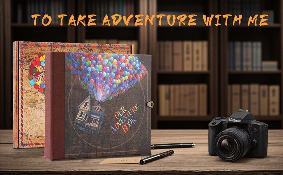 Vintage travel photo scrapbook with brown cover, colorful balloon graphic, metal corner lock