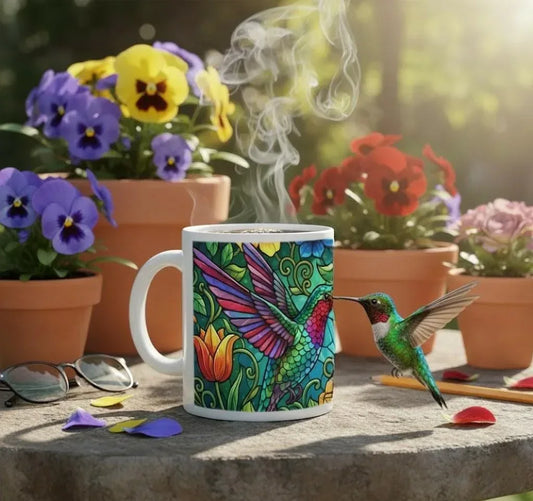 Hummingbird Colorful Mug: Stained Glass Design, Hot Chocolate, Coffee Mug, Tea Cup - Dream Dragons