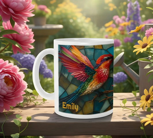Personalized Stained Glass Hummingbird Coffee Mug: Bohemian Ceramic Tea Cup - Gift with Name - Dream Dragons