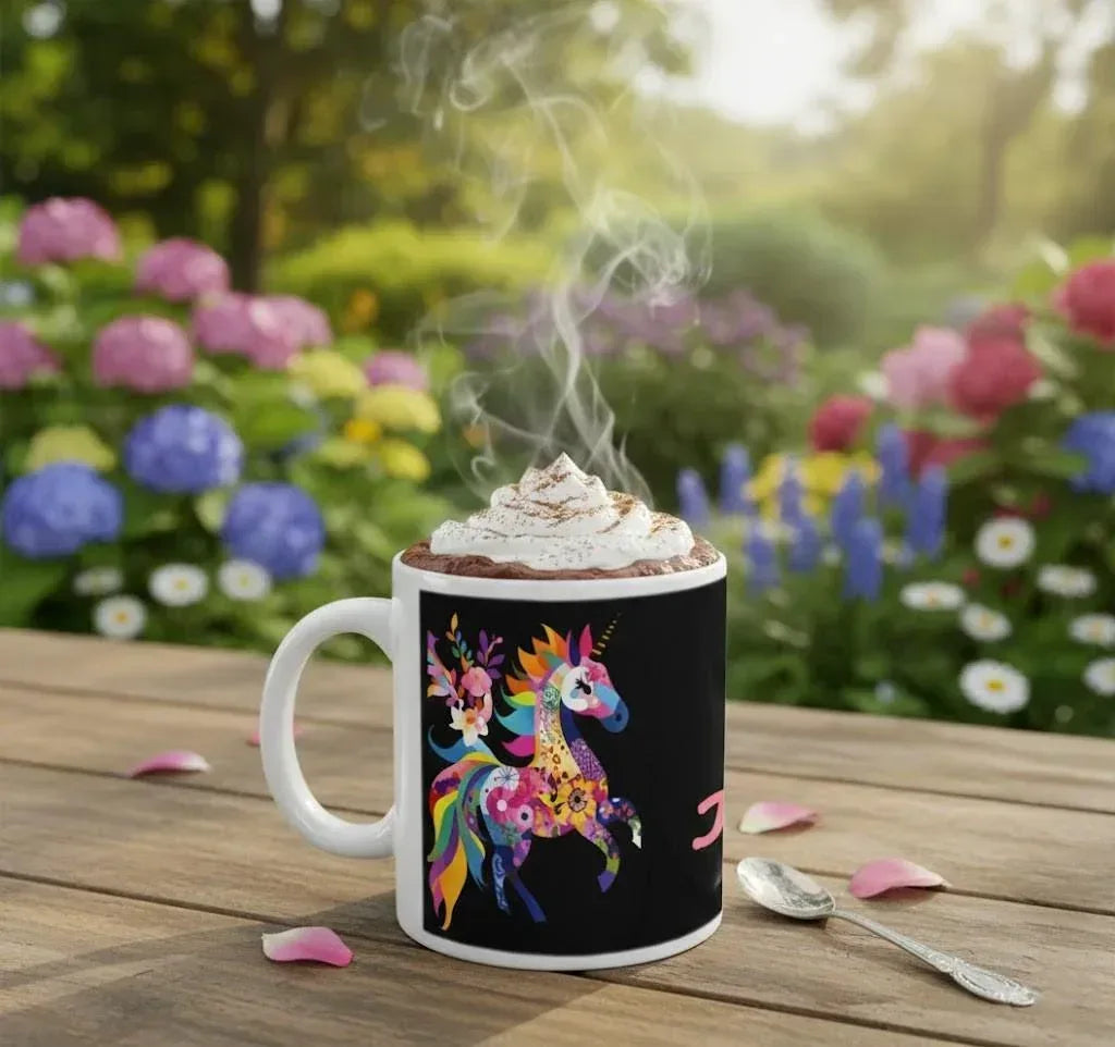 Black ceramic mug with colorful unicorn illustration, hot drink topped with whipped cream, white handle