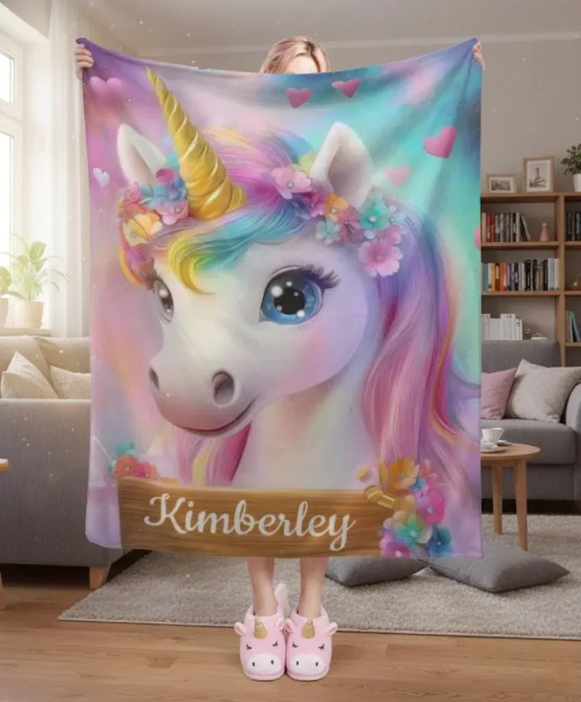 Personalized Unicorn Blanket: Rainbow Pink White Bedroom - Soft Flannel Fleece Throw, Name Gift - Dream Dragons