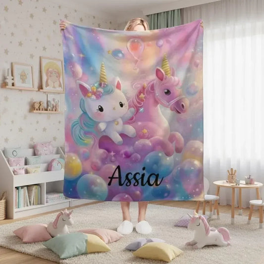 Personalized Kitty& Unicorn Fleece Blanket: Custom Name Throw, Soft Flannel - Dream Dragons