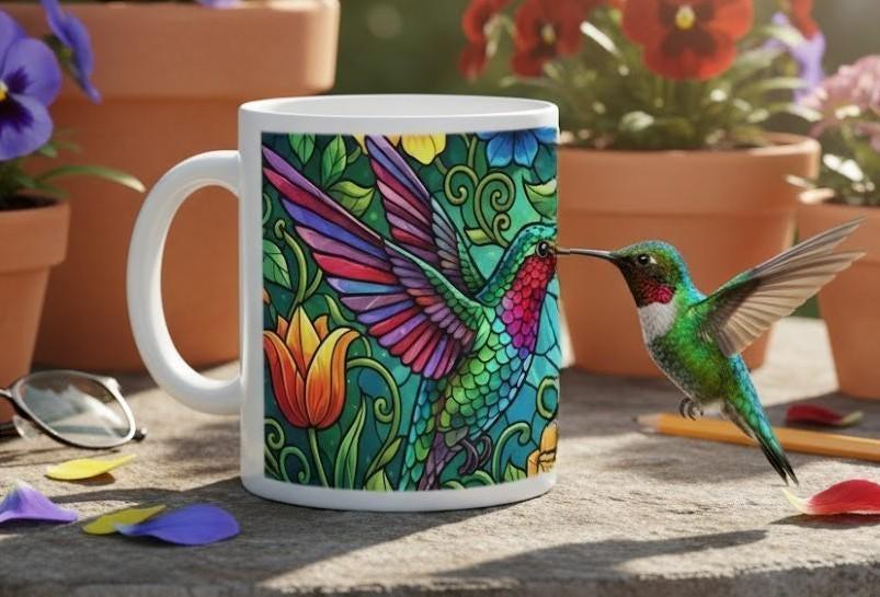 Colorful hummingbird stained-glass mug with white handle and vivid multicolor pattern