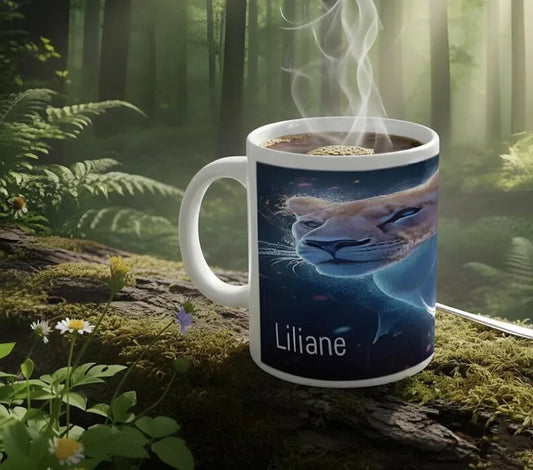 Personalized Custom Name Coffee Mug | Lion Hot Chocolate Gift | Nebula Predator Cat Tea Cup - Dream Dragons
