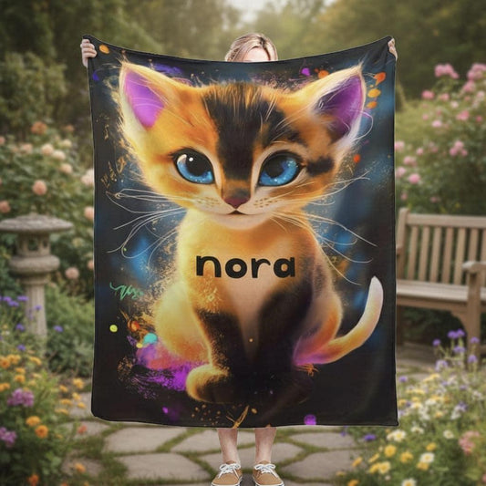 Personalized Starry-Eyed Kitten Blanket: Soft Flannel Fleece Cat Throw, Meow, Name Gift - Dream Dragons