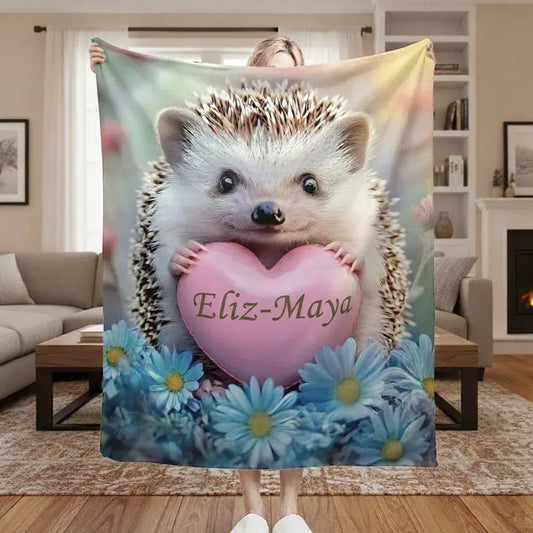 Personalized Hedgehog Love Heart Blanket: Romantic Flannel Fleece Throw, Super Soft Name Gift - Dream Dragons