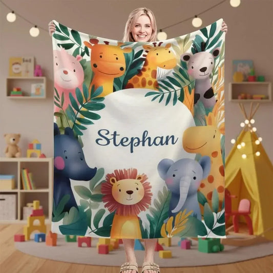 Personalized Safari Animal Blanket: Jungle Lion Elephant Giraffe Flannel Fleece Throw, Soft Name Gift - Dream Dragons