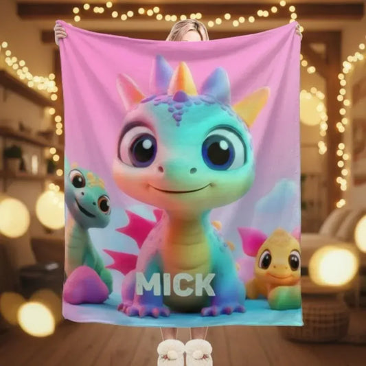 Personalized Dragon Blanket: Cartoon Flannel Fleece Dino Throw, Custom Name Gift - Dream Dragons