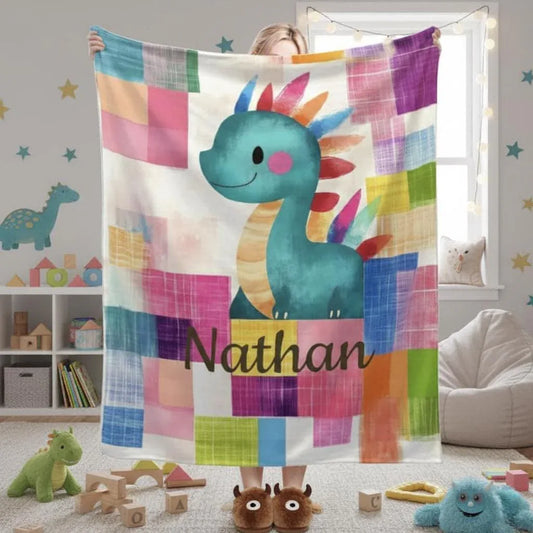 Personalized Dinosaur Blanket: Friendly Dragon Patchwork Throw - Dream Dragons