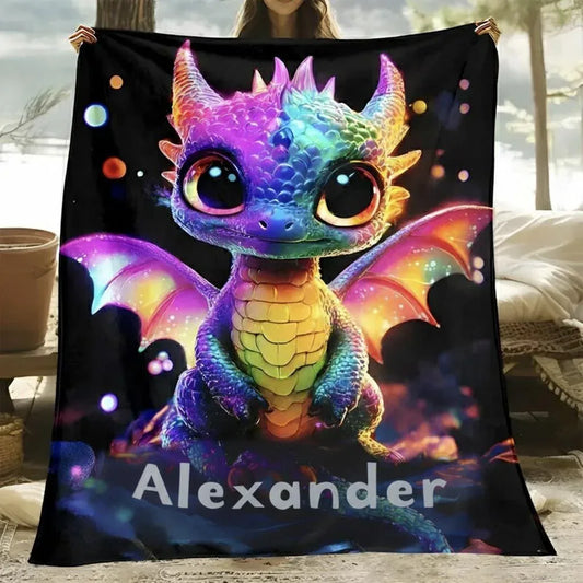 Personalized Glowing Rainbow Dragon Blanket: Soft Flannel Fleece Throw - Dream Dragons