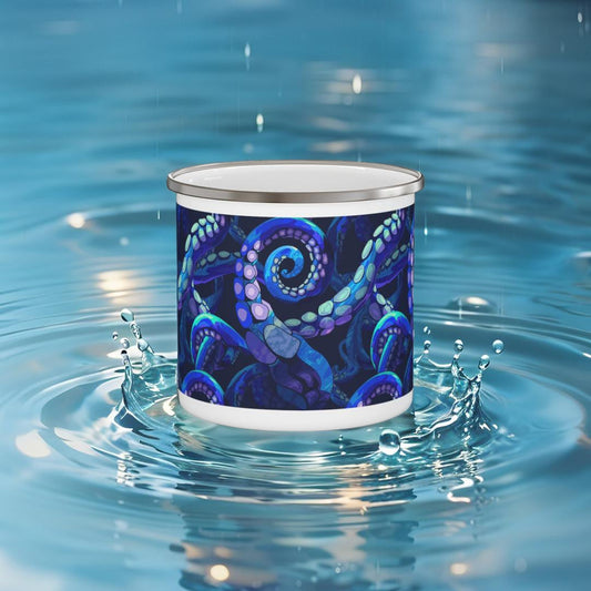 Enamel camping mug with octopus tentacle print, dark blue exterior, metal lid
