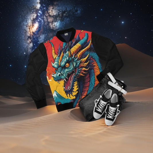 Japanese Dragon Bomber Jacket - Teal Dragon Mount Fuji Anime Streetwear, Fantasy Fashion for Men and Women XS to 5XL