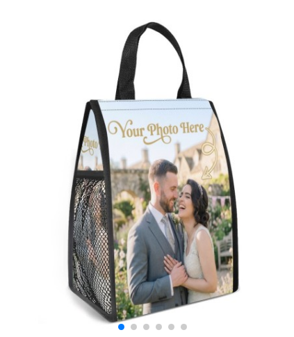 Black insulated lunch tote with front photo area and mesh side panels