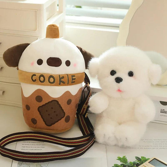 White puppy plushie bag with “COOKIE” band, brown cookie pattern, rainbow strap