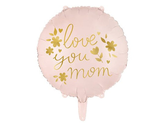 Pink round foil balloon with gold “love you mom” text and small dangling tab