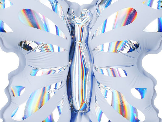 Butterfly balloon with iridescent foil wings in light blue and holographic colors