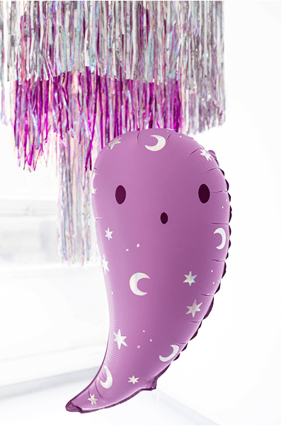 Purple-pink ghost foil balloon with moon and star printed pattern