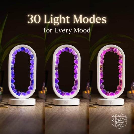 White amethyst LED lamp showing purple glow, three light modes view