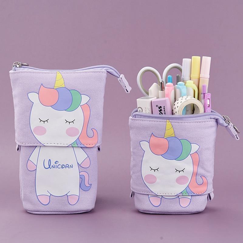 Lavender unicorn pencil bag with zipper and colorful unicorn face graphic