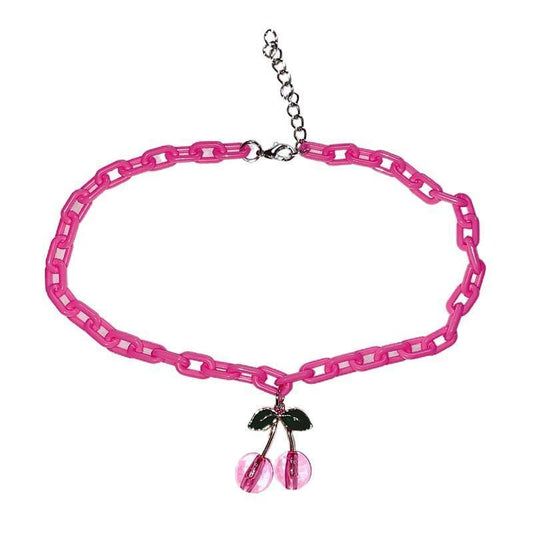 Pink chain necklace with clasp and three cherry charms, black leaf detail, silver-tone chain