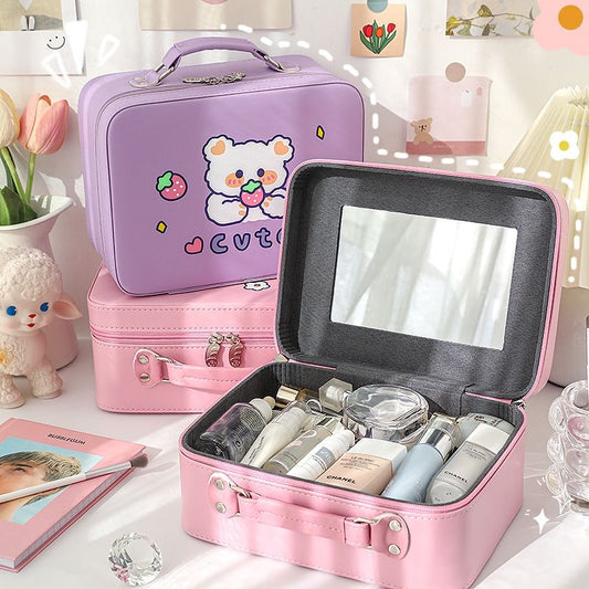 Purple kawaii animal makeup storage case with lid mirror, open top showing compartments.