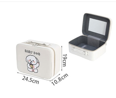 Cream kawaii animal makeup storage case with lid mirror, open top showing padded interior.
