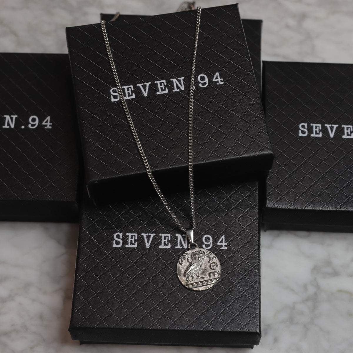 Greek Owl Pendant Necklace | Gold or Silver, 20.8-Inch Curb Chain