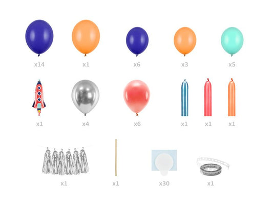 Rocket balloon kit accessories: assorted latex balloons, metallic balloons, tassels, pump, glue dots