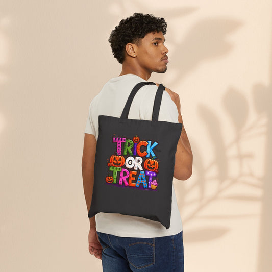 Trick or Treat Halloween Cotton Canvas Tote Bag – Bold Colourful Typography Design | Natural & Black | 15” × 16” | Fun Halloween Trick or Treat Bag
