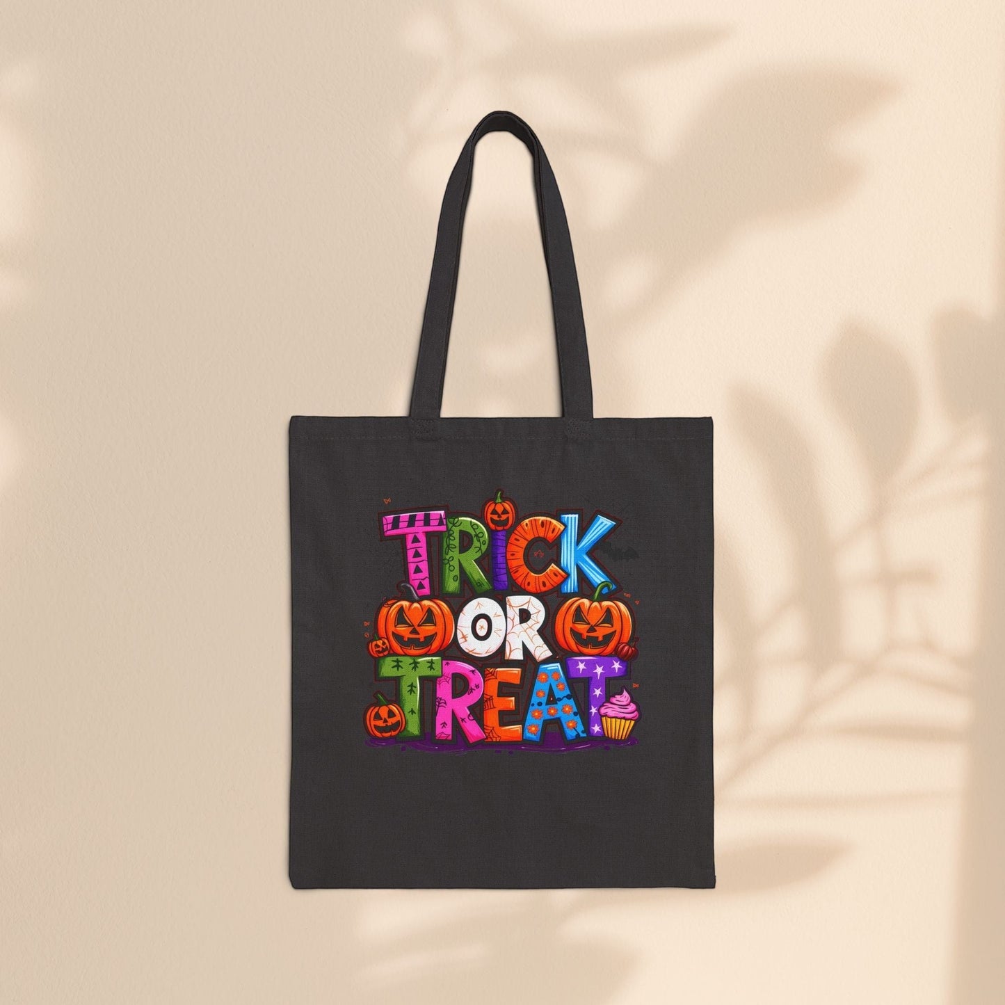 Trick or Treat Halloween Cotton Canvas Tote Bag – Bold Colourful Typography Design | Natural & Black | 15” × 16” | Fun Halloween Trick or Treat Bag