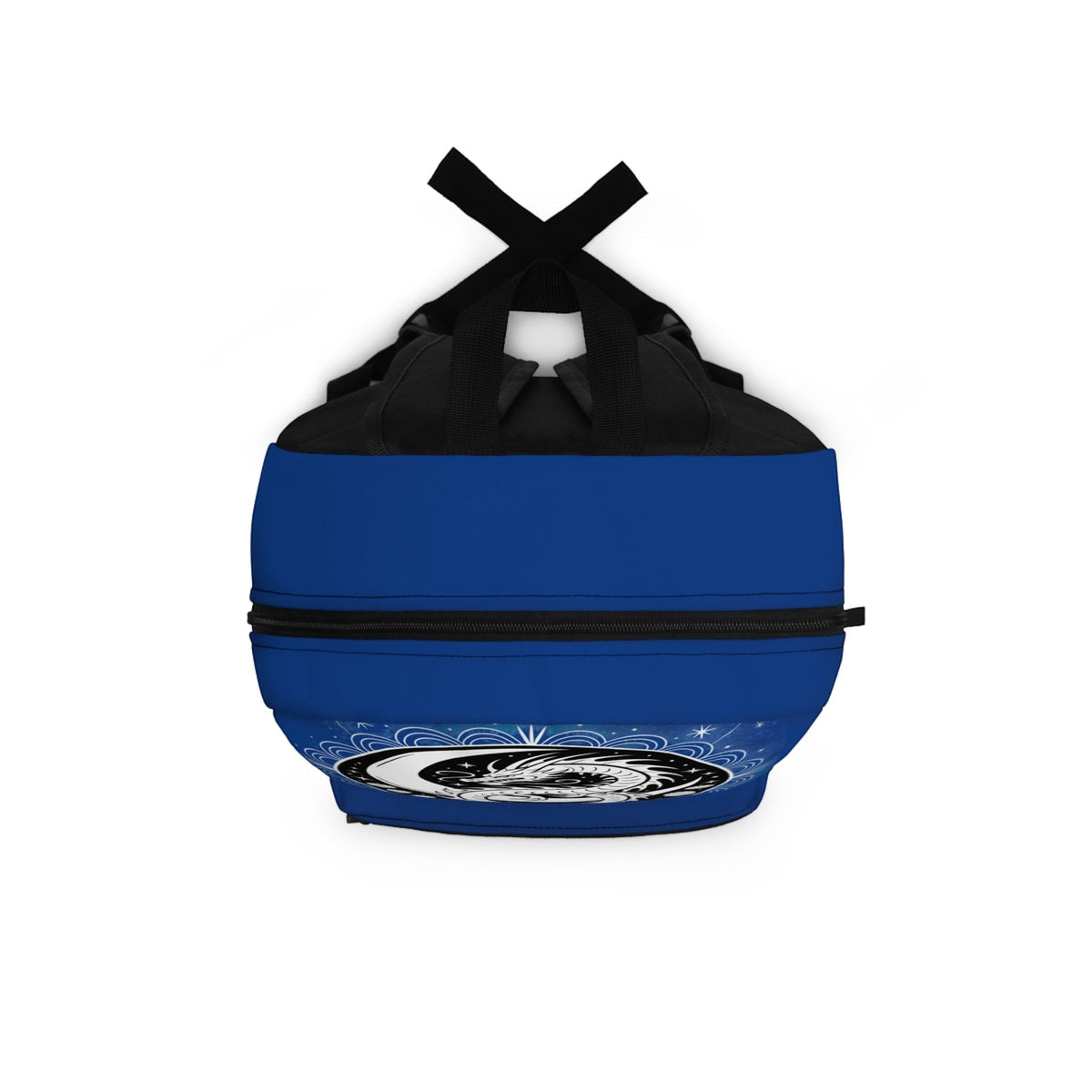 Blue drawstring backpack pouch with black cross strap and yin-yang dragon emblem