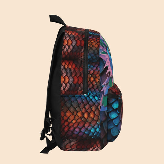 Multicolor dragon-scaled backpack with black side panels and shoulder straps