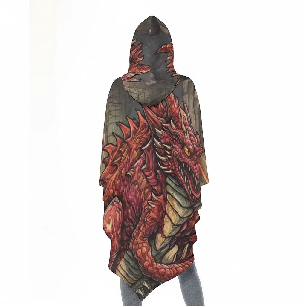 Unisex hooded cape front view with red dragon design on dark gray