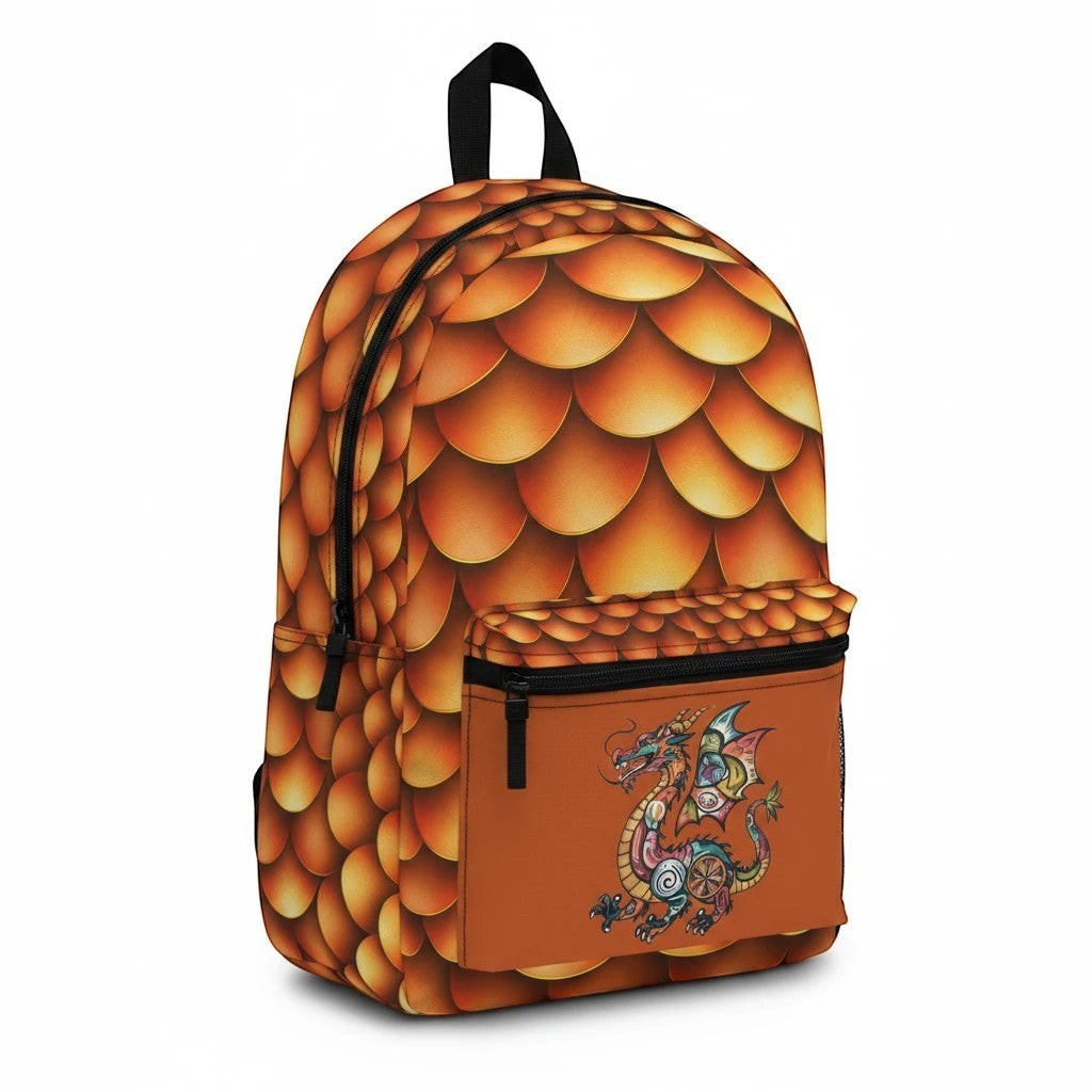 Dragon-scales backpack front-left view with side straps and front pocket zipper