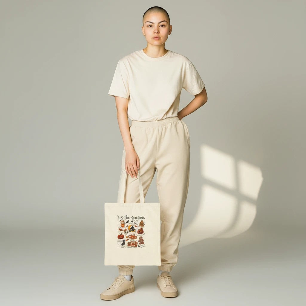 ’Tis the Season Halloween Cotton Canvas Tote Bag – Retro Illustrated Collage | 12oz Heavy Canvas | 15” × 16” | Spooky Season Tote