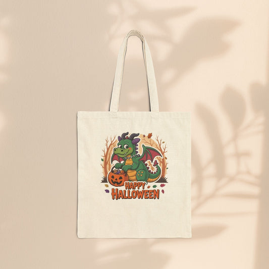 Happy Halloween Dragon Cotton Canvas Tote Bag – Cute Baby Dragon with Jack-O-Lantern | Natural & Black | 15” × 16” | Dragon Lover Halloween Gift