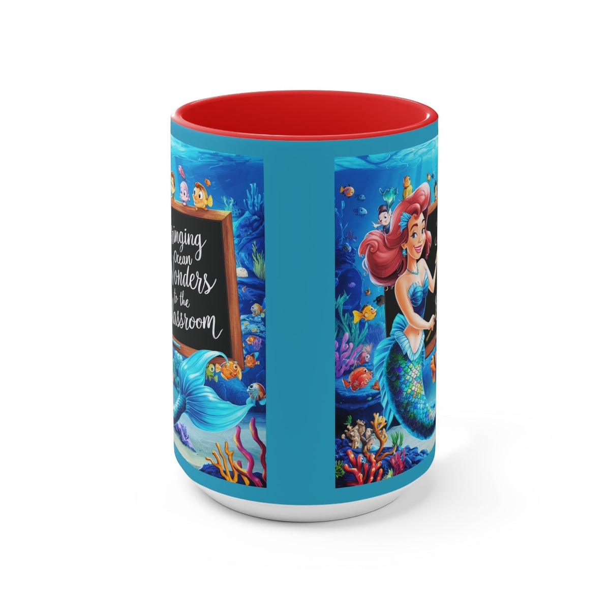 Ocean-themed accent mug with blue sides and red interior, featuring underwater character artwork