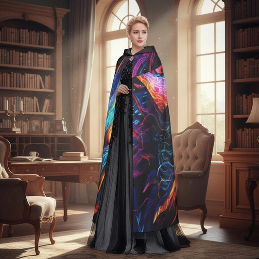 Black hooded cape with multicolor neon dragon artwork draped over the shoulders.