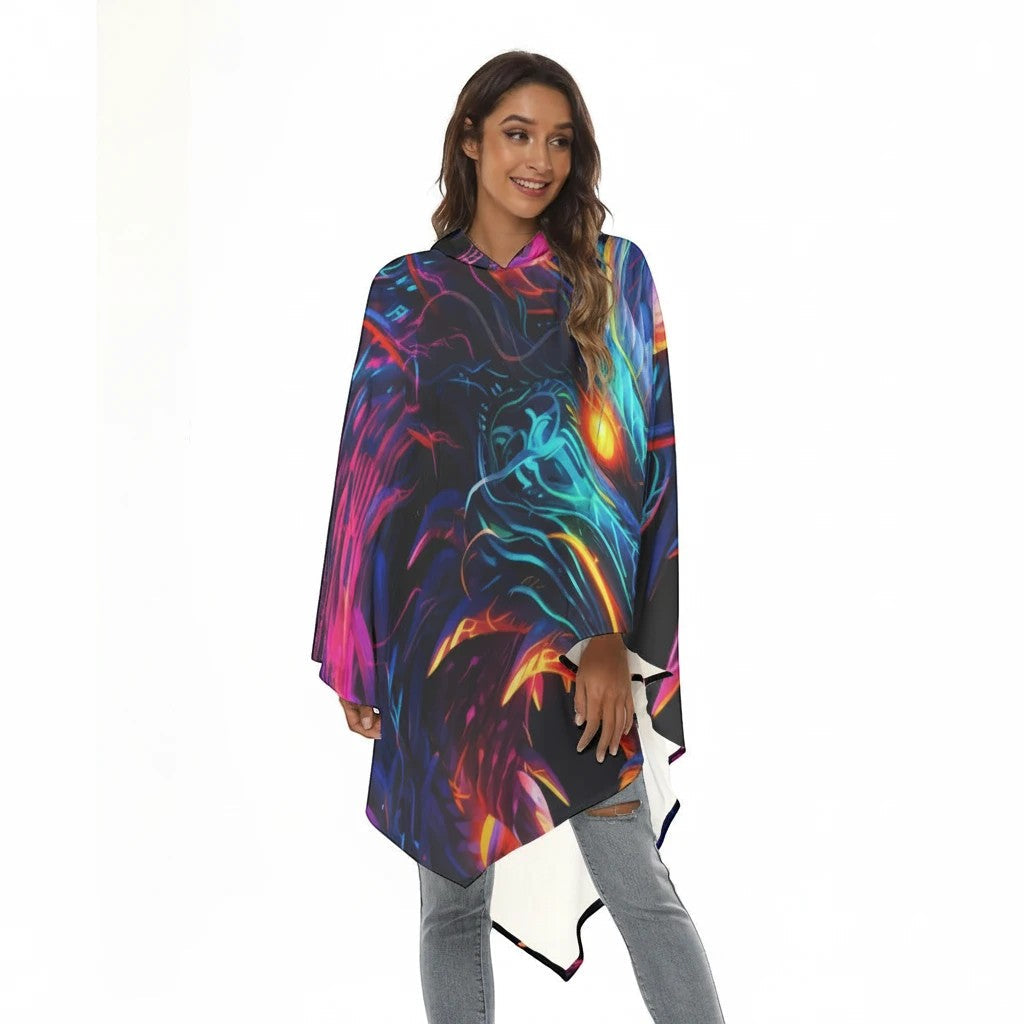 Lightweight hooded unisex cloak with neon dragon print, multicolor cape design