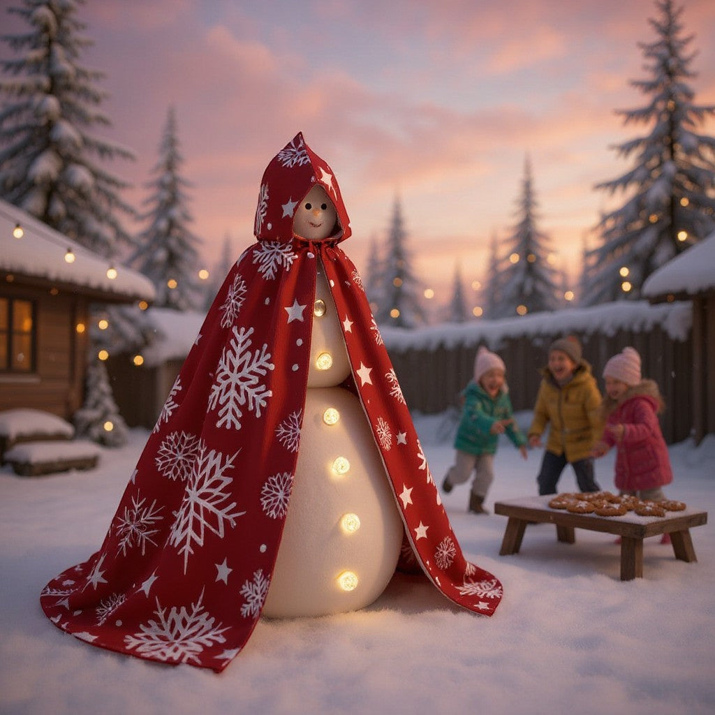 Maroon hooded cloak cape with white snowflake and star motifs in a winter setting