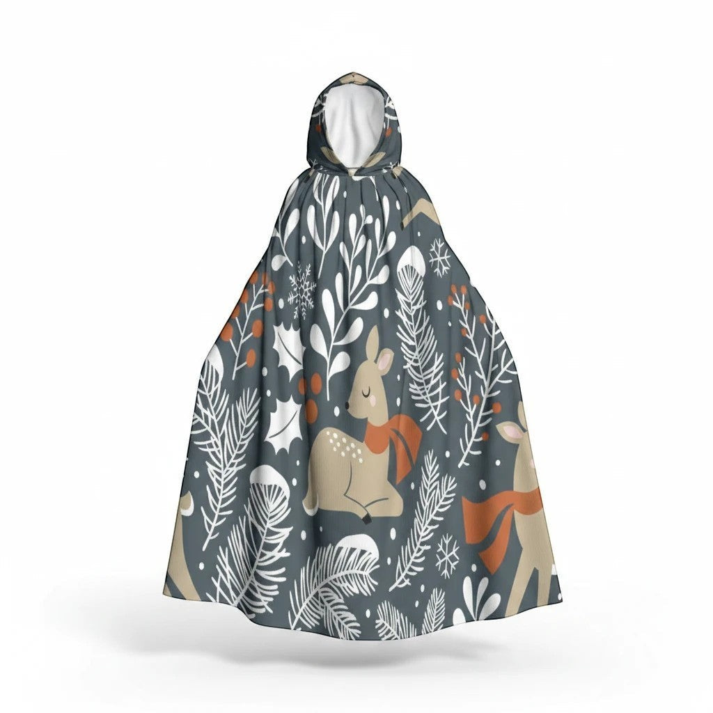 Hooded cape product view in dark blue with deer and foliage graphic