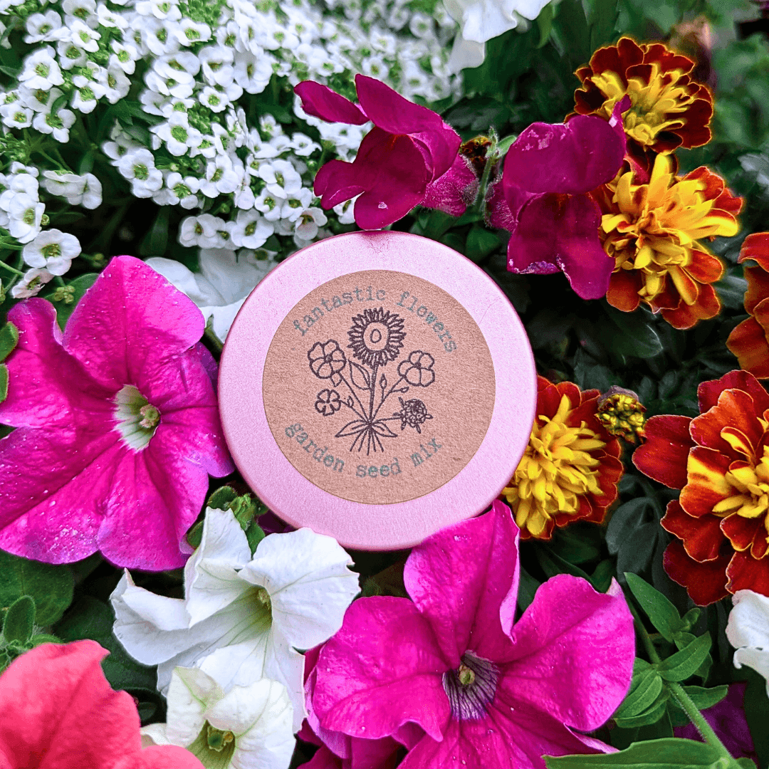 Patio Flower Garden seed mix tin with flower illustration and seed mix label