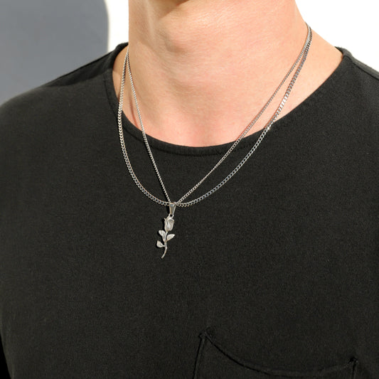 Silver cuban link chain necklace set with small rose pendant and double chain