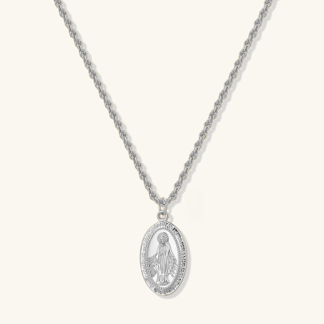 Silver rope-chain pendant necklace with oval Virgin Mary medallion