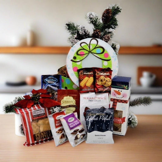 Holiday snack gift tower in round polka-dot containers with bow, cookies, and crackers